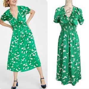 On 34th Green Floral Smocked Puff Sleeve Satin Midi Dress XS Wedding guest